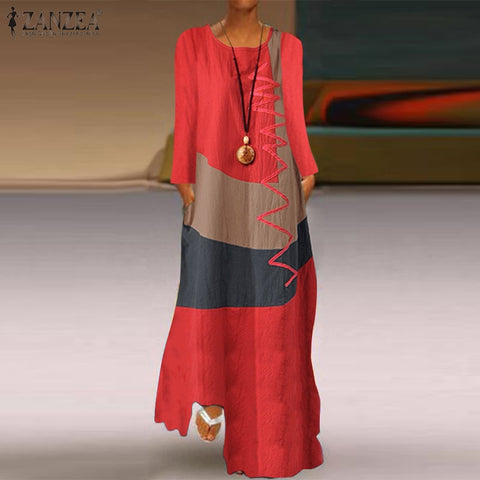 Image of ZANZEA 2022 Womens Autumn Sundress Stitching Maxi Dress Casual Long Sleeve Tunic Vestidos Female Cotton Linen Robe-FrenzyAfricanFashion.com