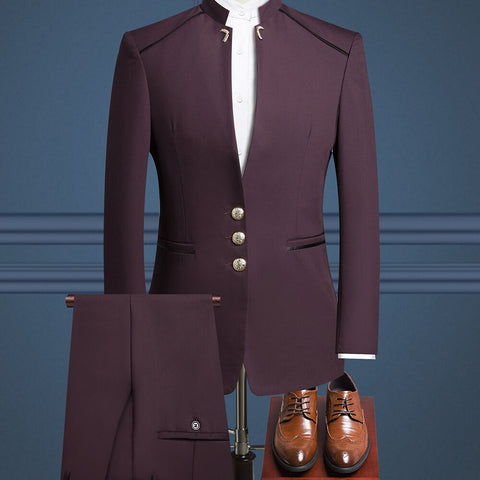 Image of Nostalgic Suit Man Wedding Solid Color Gold Button Blazers Slim Fit Tuxedo Suit-FrenzyAfricanFashion.com
