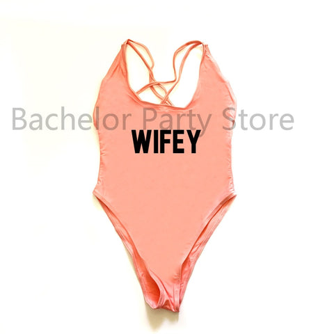Image of WIFEY Letter Print One Piece Swimwear Women Cross Back Bathing Suit Beachwear-FrenzyAfricanFashion.com