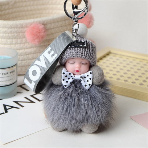 Image of Real Fox Fur Pompom Sleeping Baby Keychain Fluffy Plush Doll-FrenzyAfricanFashion.com