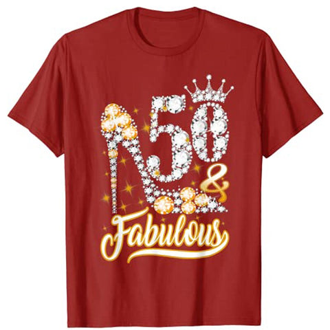 Image of Fabulous 50 Years Old 50th Birthday Diamond Crown Shoes T-Shirt Graphic Tee Tops Woman T Shirts-FrenzyAfricanFashion.com