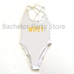 WIFEY Letter Print One Piece Swimwear Women Cross Back Bathing Suit Beachwear