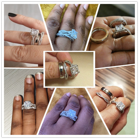 Image of Huitan Gorgeous Women/Men Wedding Set Rings Mosaic AAA CZ Two Tone Romantic Female Engagement Rings Fashion Jewelry Top Quality-FrenzyAfricanFashion.com