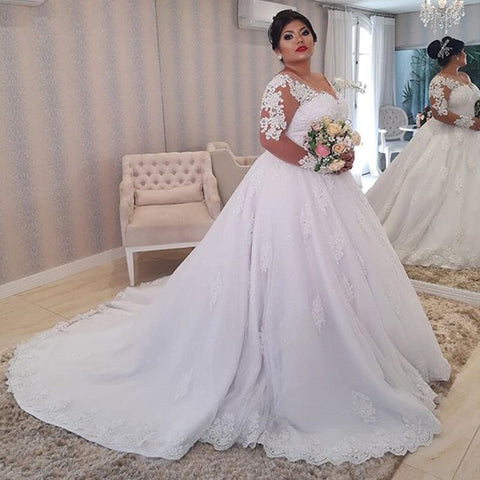Image of Lace Wedding Dress Plus Size Illusion Long Sleeve Pearls Beading Appliques White Bridal Gowns-FrenzyAfricanFashion.com