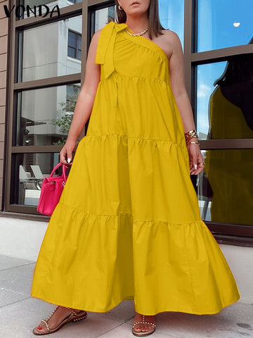 Image of Summer One Shoulder Dress Sundress Women Pleated Party Long Maxi Dresses-FrenzyAfricanFashion.com