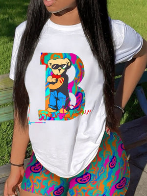 Multicolor Two Pieces Shorts Suits Cartoon Mixed Print Shorts Set Short Sleeve Pullover White Print Bottoms Outfits