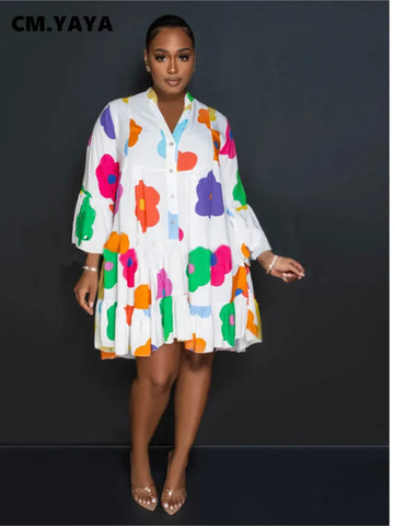 Image of Women Floral Printed Lantern Long Sleeve Single Breasted Loose Shirt Style Babydoll Dress-FrenzyAfricanFashion.com