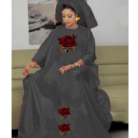 Image of Bazin Dresses With Headscarf Women African Traditional Evening Gowns-FrenzyAfricanFashion.com