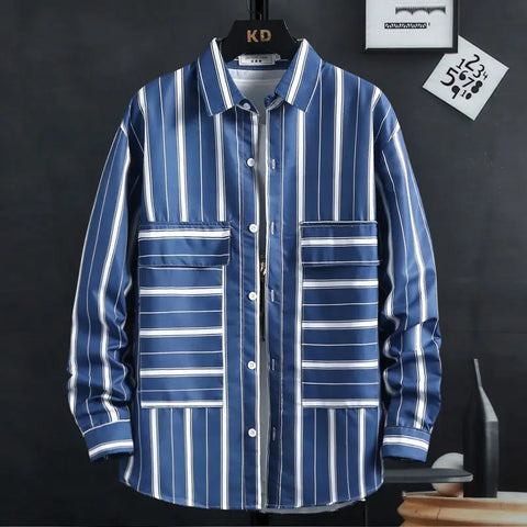 Image of Thin Spring Summer Autumn Men's Clothing Button Turn-down Collar Striped Man Fashion Casual Loose Office Handsome Pockets Shirts-FrenzyAfricanFashion.com