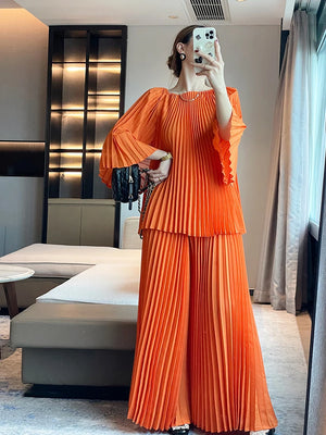 Elegant Pleated Set Women Loose Flare Sleeves Fold Blouse Wide Leg Pants