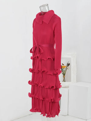Ruffles Pleated Dress Women Lapel Elegant Dresses With Belt