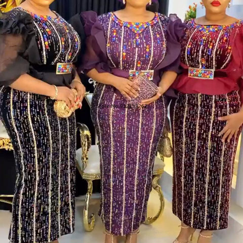 Image of Dashiki Dresses Women Elegant Luxury Velvet Evening Gowns Plus Size Turkey Long Maxi Party Dress-FrenzyAfricanFashion.com