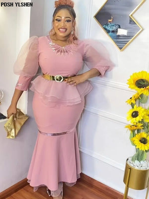 Plus Size Dresses Women Organza Ruffles Sleeves Outfits-FrenzyAfricanFashion.com