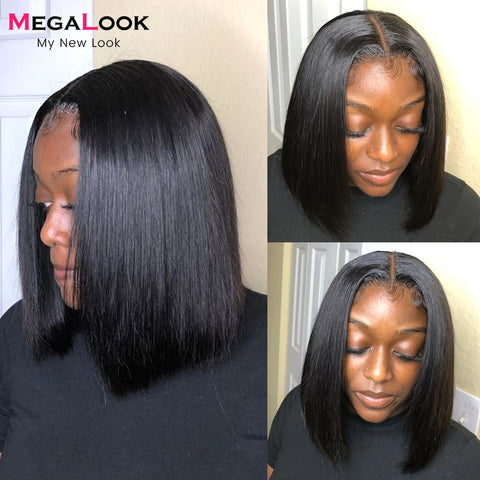 Image of MEGALOOK Short Bob Wig Human Hair Wigs For Women Transparent Lace Wig Pre Plucked Virgin T Part Bob Lace Human Hair Wigs 180%-FrenzyAfricanFashion.com