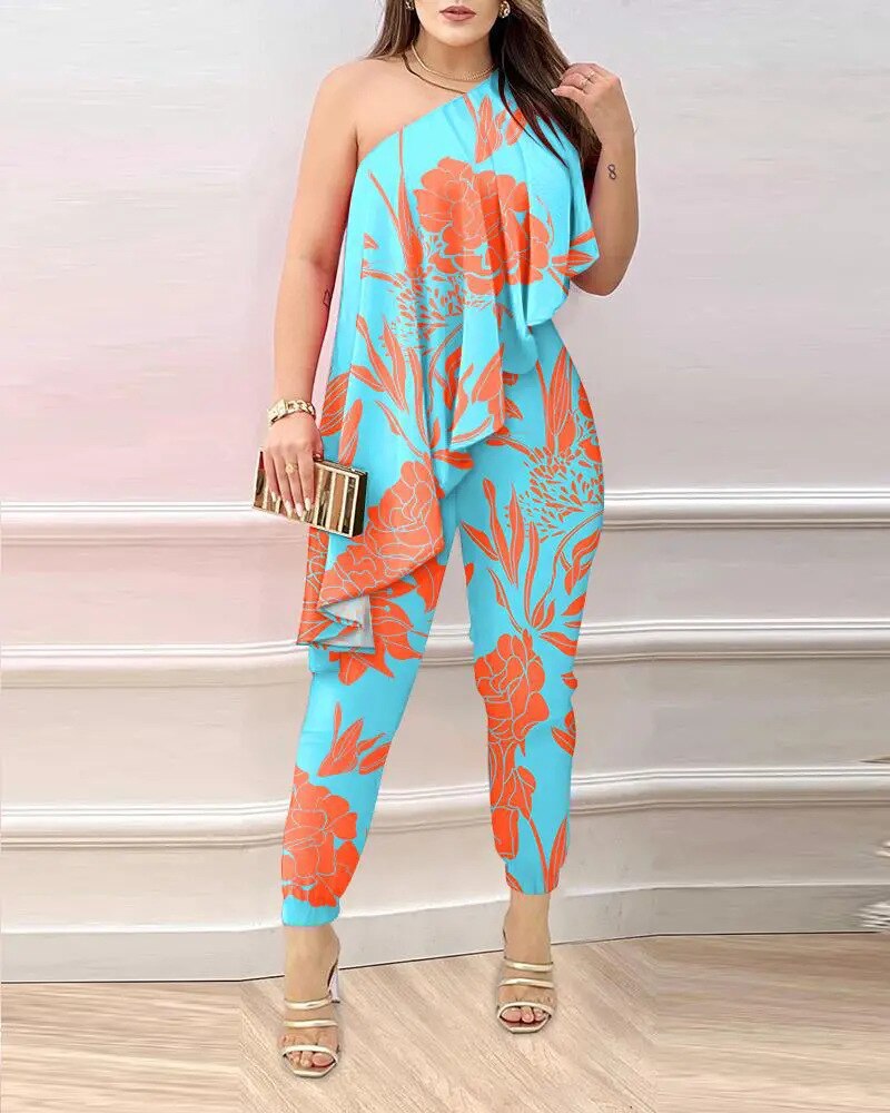Sexy Open Back Jumpsuits 2023 Summer Print Oblique Collar One