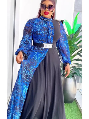 Elegant African Dresses For Women 2024 New Summer Fashion Long Sleeve Muslim Print Wedding Evening Party Chiffon Maxi Dress