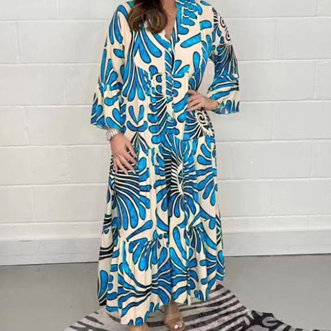 Image of Chic Casual 3/4 Sleeve Loose Pleated Party Dress Summer Women O-neck Long Dress Spring Graphic Single Breasted Bohe Dresses-FrenzyAfricanFashion.com