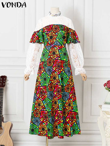 Image of VONDA Evening Party Dress 2022 Summer High Neck Women Long Sleeve Lace Patchwork Vintage Printed Bohemian Pleated Maxi Dresses-FrenzyAfricanFashion.com