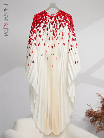 Image of Pleated Dress For Women Fashion Printed Round Neck Batwing Sleeves Elegant Dresses Female Clothing-FrenzyAfricanFashion.com
