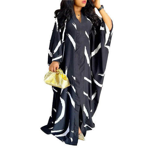 Image of Women's Autumn African Long Sleeve V-neck Plus Long Party Evening Dress-FrenzyAfricanFashion.com