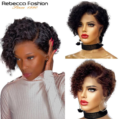 Image of Short Bob Wig Pixie Cut Wig Curly Human Hair 13x1 Lace Front-FrenzyAfricanFashion.com