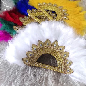 Big Size Design African Blue Feather Fan Ladies Wedding Feather Fan For Bride Double Side Feather Nigerian Stones Dance Handfan