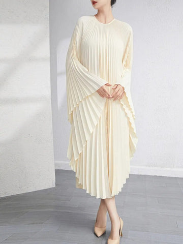 Image of Solid Batwing Sleeve Pleated Dress Loose Irregular Clothing Spring Autumn-FrenzyAfricanFashion.com