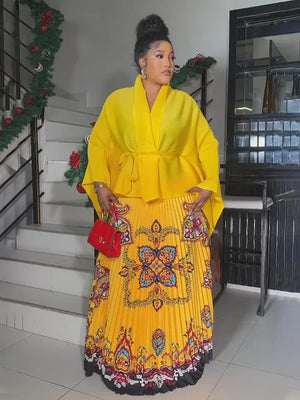 Pleated Fashion 2 Piece Set Women Belt Batwing Sleeves Tops Print A-line Folds Long Dresses