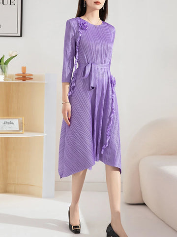 Image of Spliced Flower Pleated Belt Dress For Women-FrenzyAfricanFashion.com