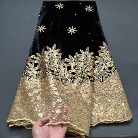 Image of Lace Fabric Velvet Sequins Embroidered Cord Guipure Wedding Party Dress 5Yards-FrenzyAfricanFashion.com