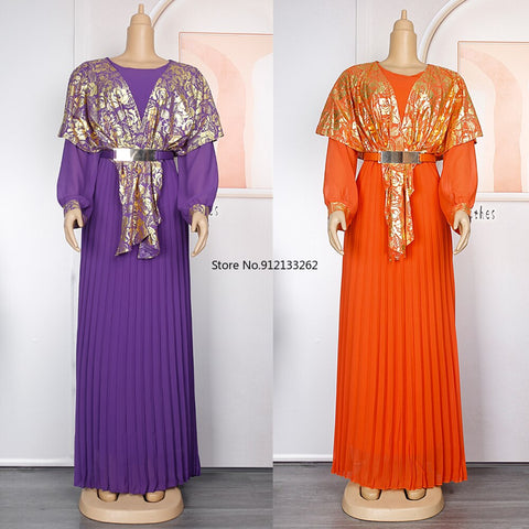 Image of Chiffon Dresses Women Plus Size Evening Party Long Dress Dashiki Print Muslim Abaya Kaftan-FrenzyAfricanFashion.com