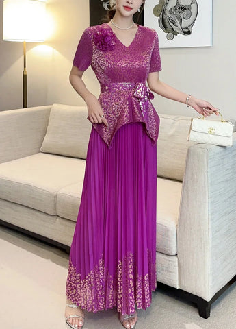 Image of 2025 Spring New Fashion Casual Suit Women's Bronzing Bud V-neck Top High Waist Long Skirt Two-piece Set-FrenzyAfricanFashion.com