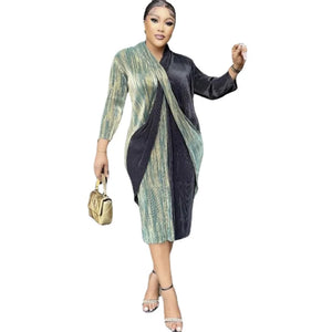 Pleated Elegant Dress V-neck Stretch Retro Plump Fashion Women's Wear-FrenzyAfricanFashion.com