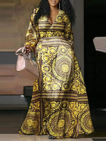 Image of Bohemian Maxi Dress Women Vintage Printed Party Long Sundress Casual V-Neck Loose Lantern Sleeve Satin Robe Belted-FrenzyAfricanFashion.com