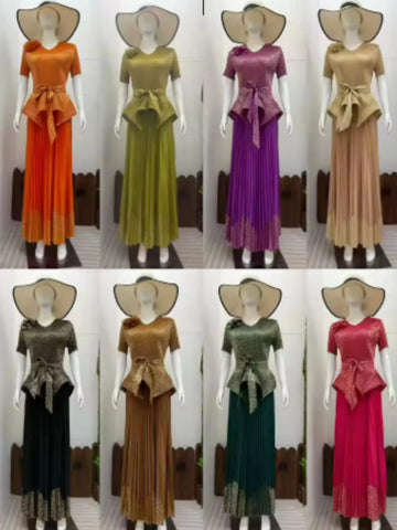 Image of 2025 Spring New Fashion Casual Suit Women's Bronzing Bud V-neck Top High Waist Long Skirt Two-piece Set-FrenzyAfricanFashion.com