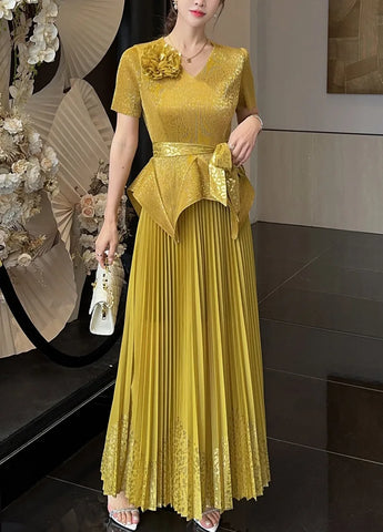 Image of 2025 Spring New Fashion Casual Suit Women's Bronzing Bud V-neck Top High Waist Long Skirt Two-piece Set-FrenzyAfricanFashion.com