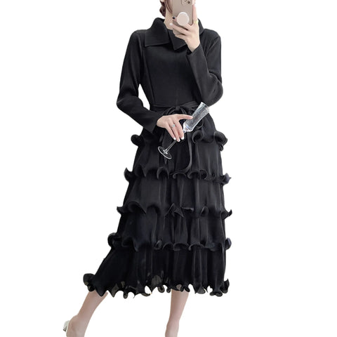 Image of French Long Sleeve Lapel Ruffle Dress Belt Pleated Fashion Loose Clothing-FrenzyAfricanFashion.com