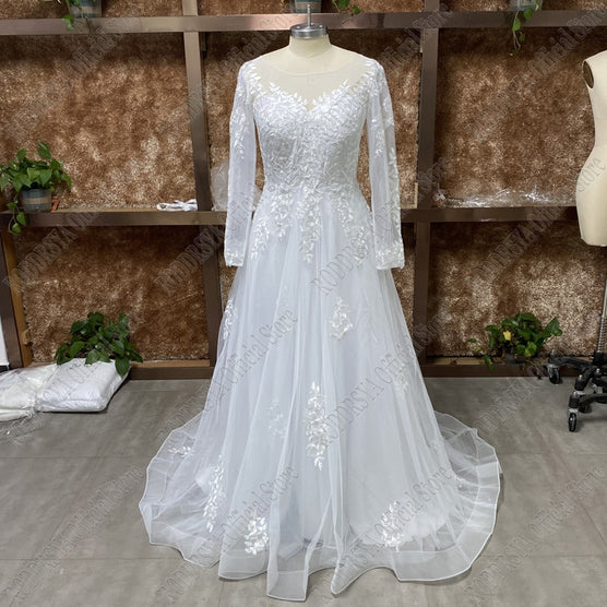 Plus Size Wedding Gowns Elegant Long Sleeves Lace Bride Dress Tulle Applique Sweep Train-FrenzyAfricanFashion.com