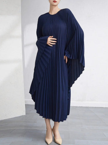 Image of Solid Batwing Sleeve Pleated Dress Loose Irregular Clothing Spring Autumn-FrenzyAfricanFashion.com