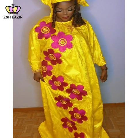 Image of African Dresses For Woman Plus Size Bazin Riche Robe Embroidery With Embroidery Original Basin Floor Long Dresses With Scarf-FrenzyAfricanFashion.com