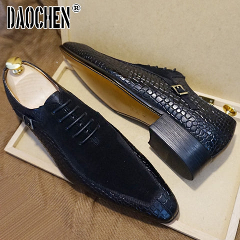Image of Luxury Men Oxford Shoes Lace up Split Toe Coffee Black Formal Men Dress Shoes Suede Patchwork Crocodile prints Leather Shoes Men-FrenzyAfricanFashion.com