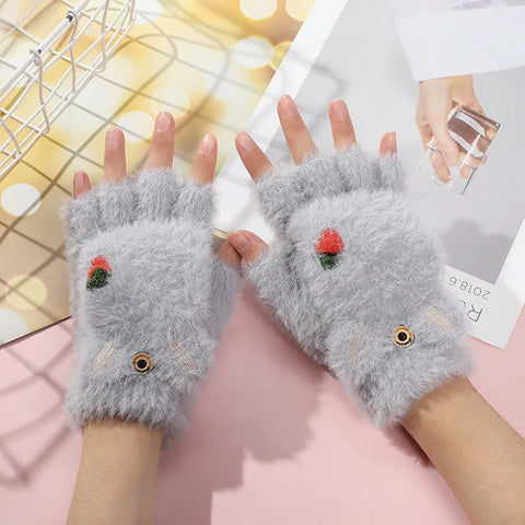 Image of Fashion Women Plush Warm Glove Fur Rabbit Cat Mittens Flip Fingerless Gloves Soft Girls Thick Gloves Flexible Half Finger Winter-FrenzyAfricanFashion.com