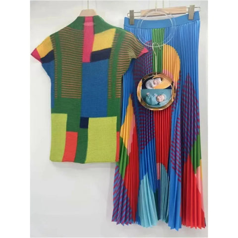 Image of Pleated Geometric Print Corn Pleated Short Sleeve T-Shirt Fashion High Waist Pleated Dress Casual Party Set-FrenzyAfricanFashion.com