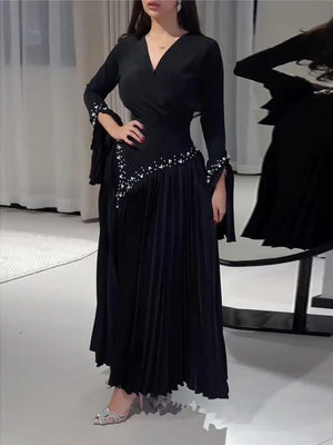 Pleated Black Dress Fashion Rhinestone Evening Banquet Long Dresses