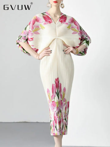 Image of Pleated Dress Women V-neck Print Flowers Batwing Sleeve Loose-FrenzyAfricanFashion.com
