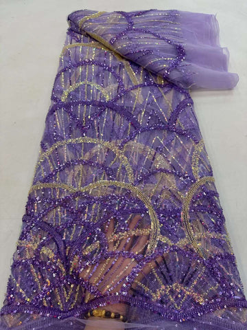 Image of Purple High-End Sequins Embroidery French Mesh Lace Fabric Latest African Handmade Beads Tulle Lace Fabrics for Party-FrenzyAfricanFashion.com