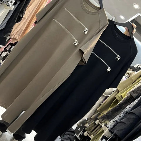Image of Summer Zipper Patchwork T Shirt Dress Short Sleeve Plus Size Ladies Dresses-FrenzyAfricanFashion.com