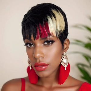 6inch Short Pixie Cut Human Hair Wigs for Women Vibrant Colorful Natural Look Lightweight Layered Bangs Machine Made Wigs