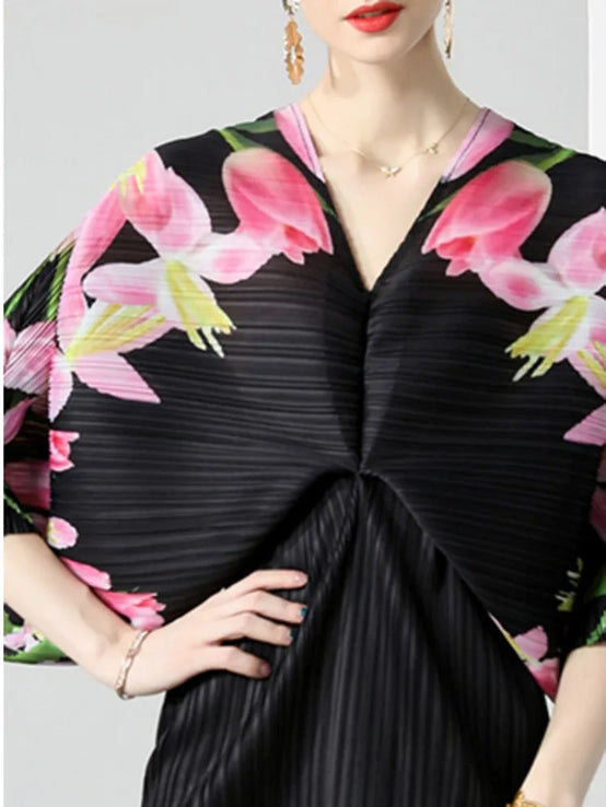 Pleated Dress Women V-neck Print Flowers Batwing Sleeve Loose-FrenzyAfricanFashion.com