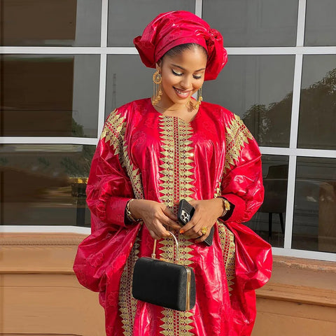 Image of Red Boubou Wedding Dashiki With Gold Embroidery Gown-FrenzyAfricanFashion.com